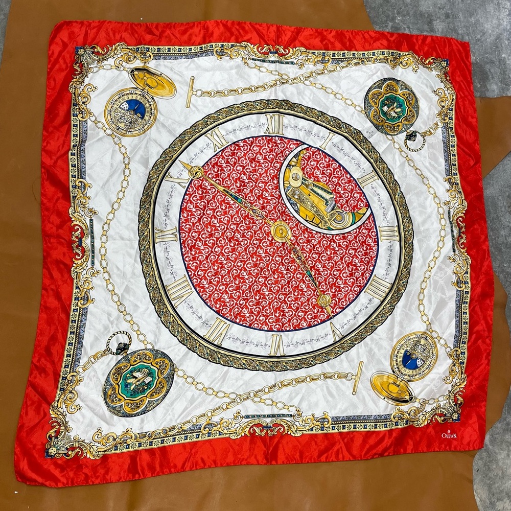 Vintage Silk Scarf Red and Gold Clock Motif Scarf Olpan